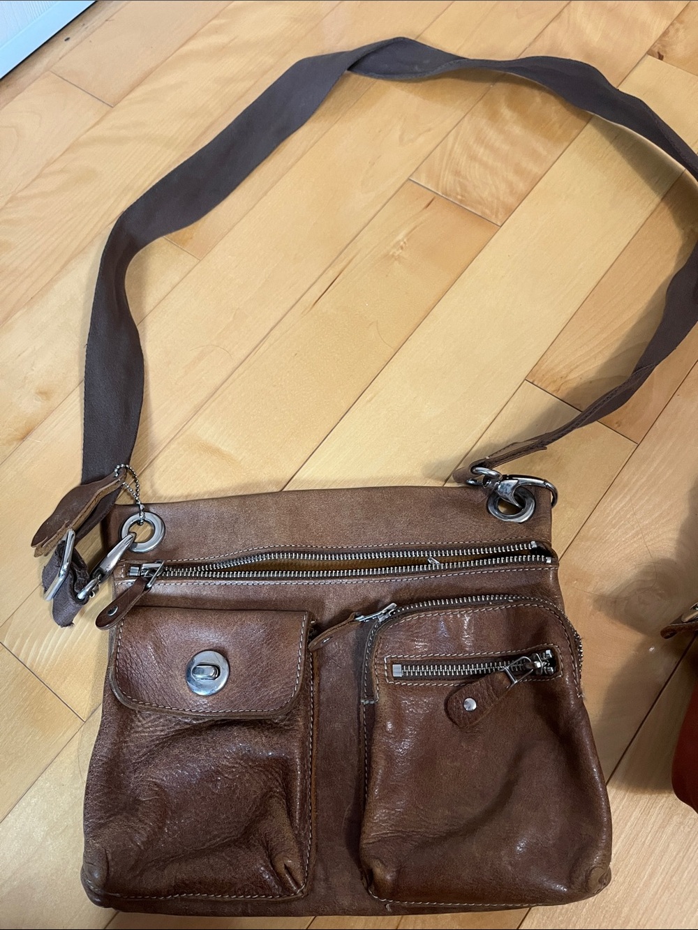 Roots Brown Leather Messenger Bag with Adjustable Strap
